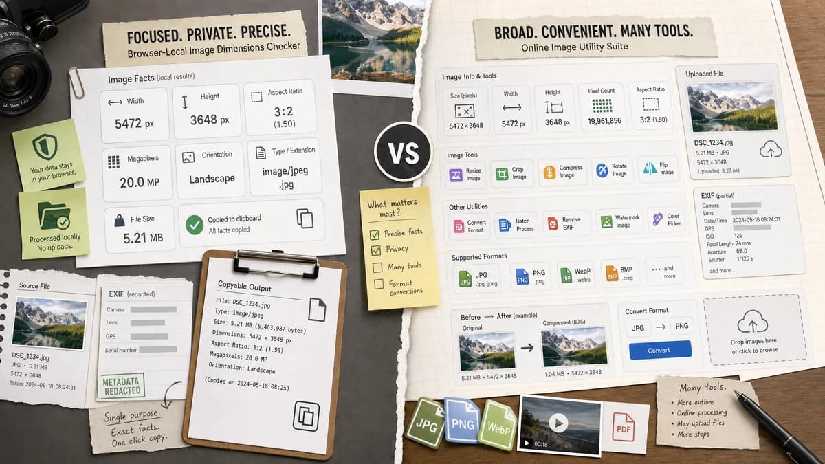 Image Dimensions Checker vs ImageOnline.co Image Size Finder visual comparison of file metadata workflows