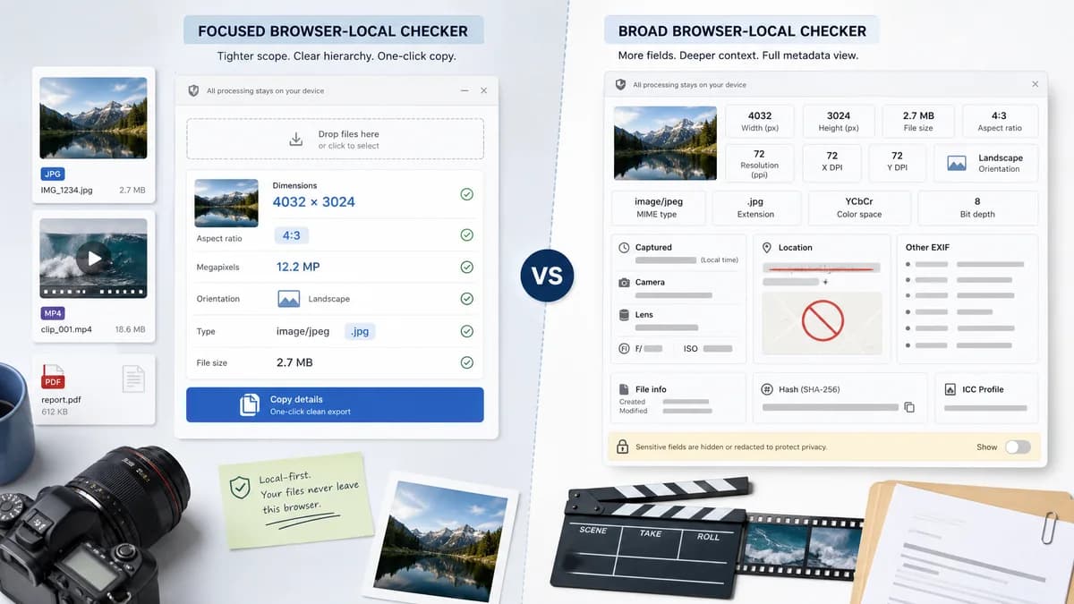 Image Dimensions Checker vs ImageSizeFinder.com visual comparison of file metadata workflows