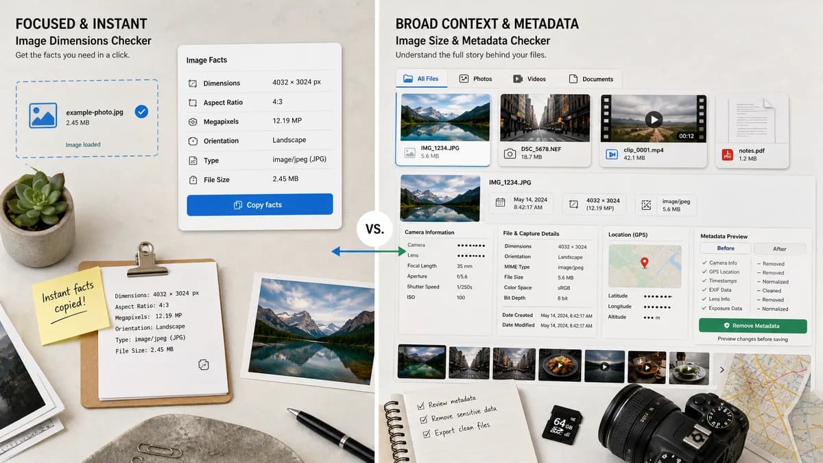 Image Dimensions Checker vs ImageSizeFinder.org visual comparison of file metadata workflows