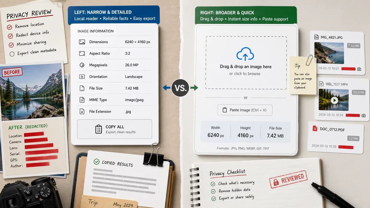 Image Dimensions Checker vs Imagy Image Size Finder visual comparison of file metadata workflows