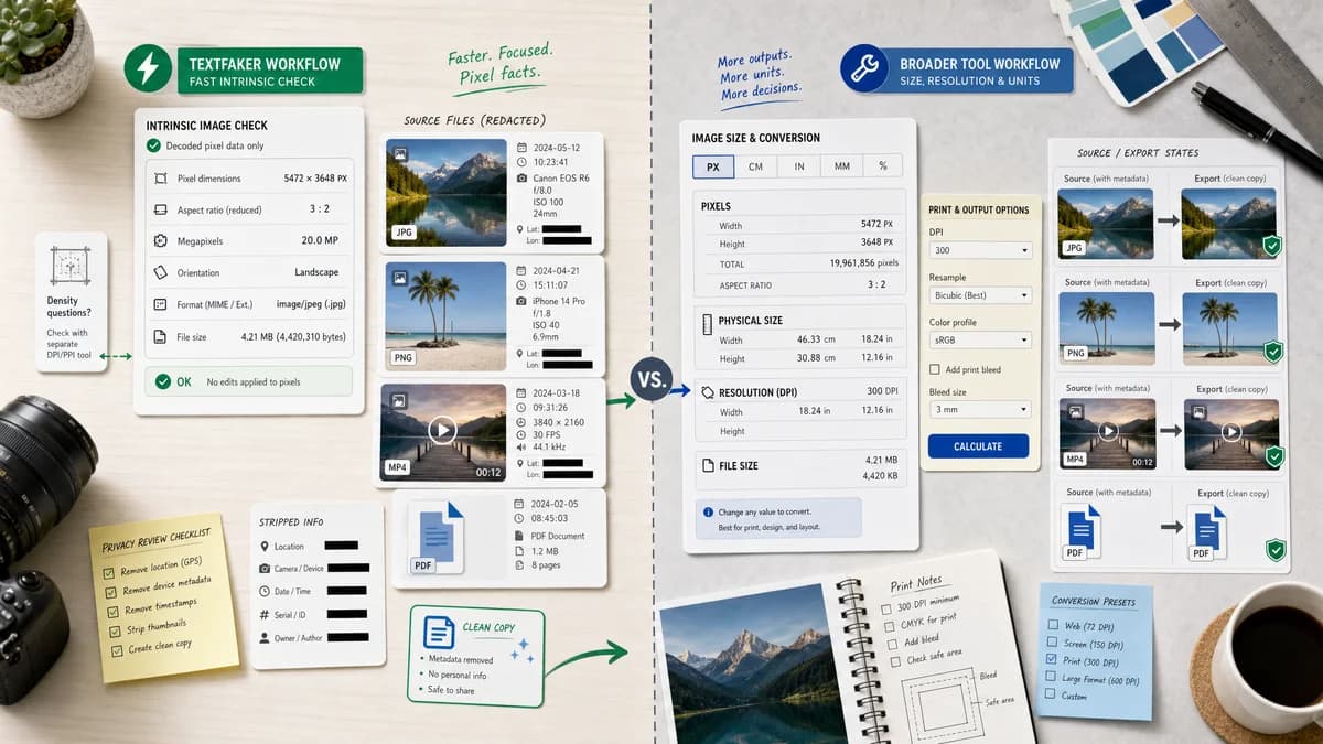 Image Dimensions Checker vs KnowledgeWalls Image Size Finder visual comparison of file metadata workflows