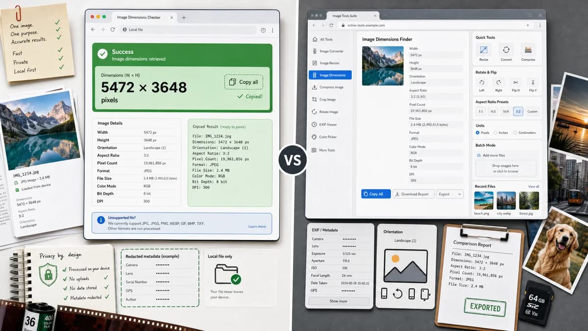 Image Dimensions Checker vs Online Tools Image Dimensions Finder visual comparison of file metadata workflows
