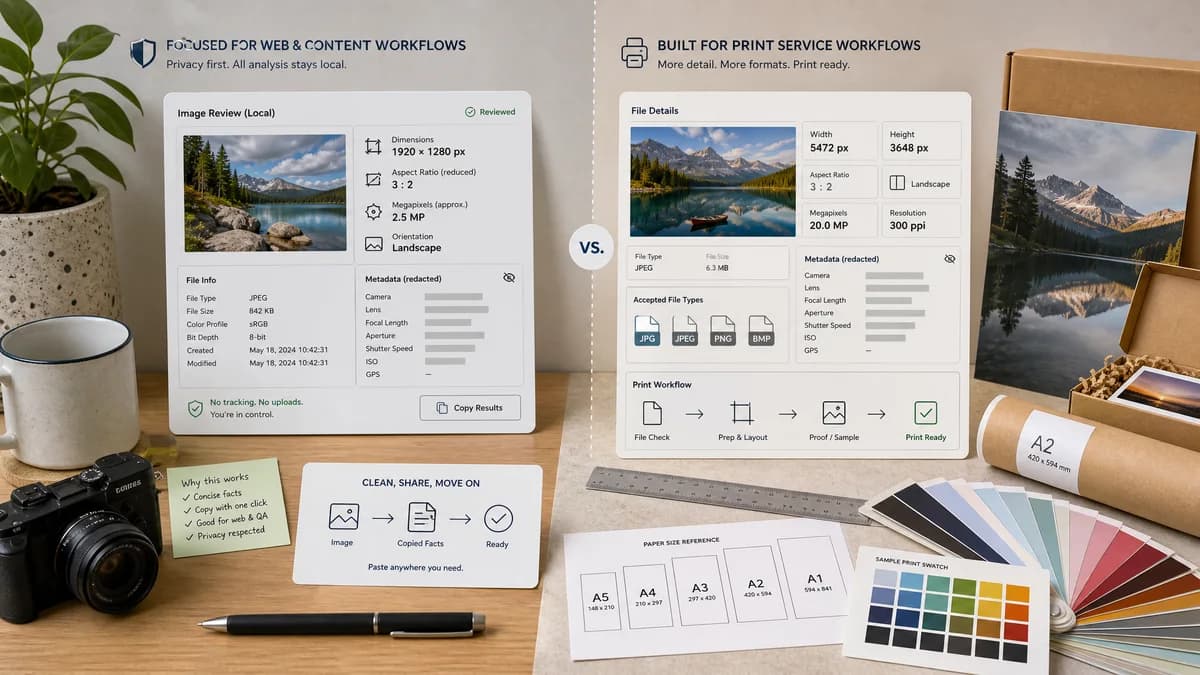 Image Dimensions Checker vs PosterBurner Image Size Finder visual comparison of file metadata workflows