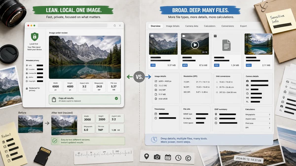 Image Dimensions Checker vs Presetpedia Photo Dimensions Calculator visual comparison of file metadata workflows