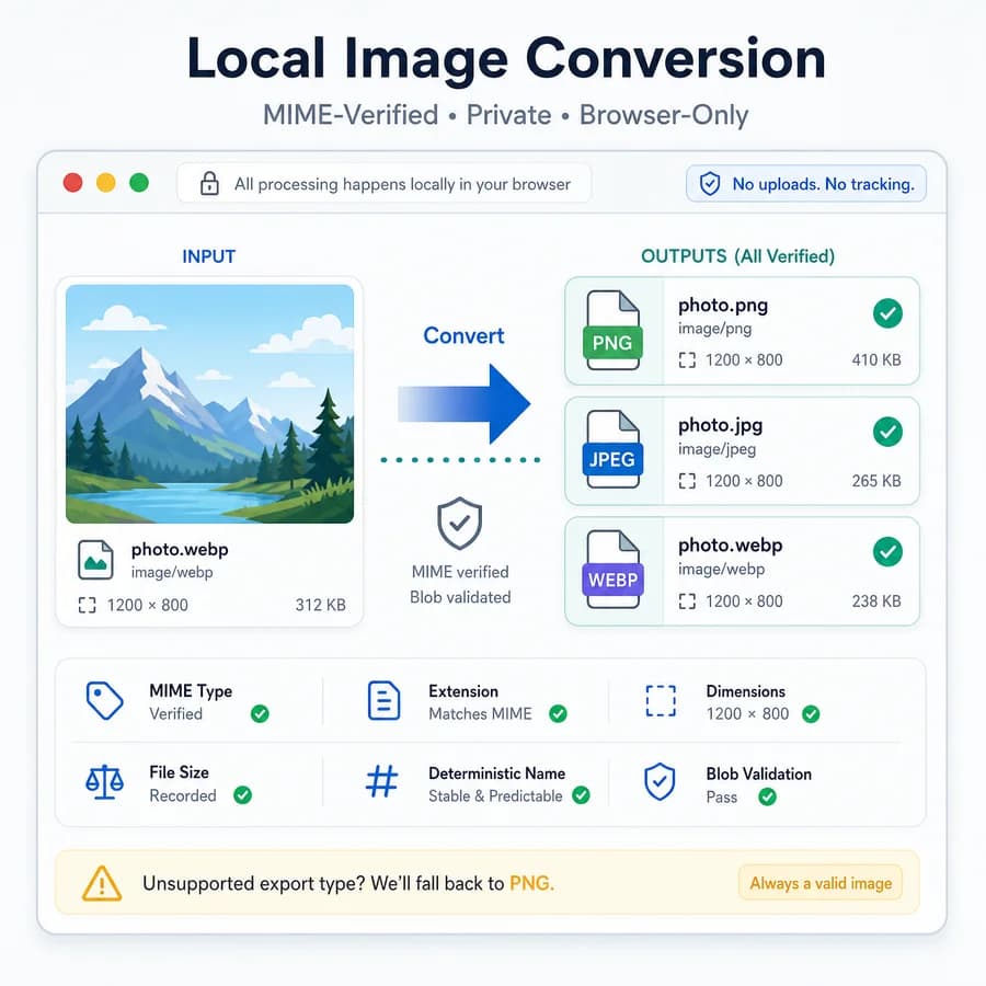 Image Format Converter preview showing a local image file converted between PNG, JPG, and WebP formats