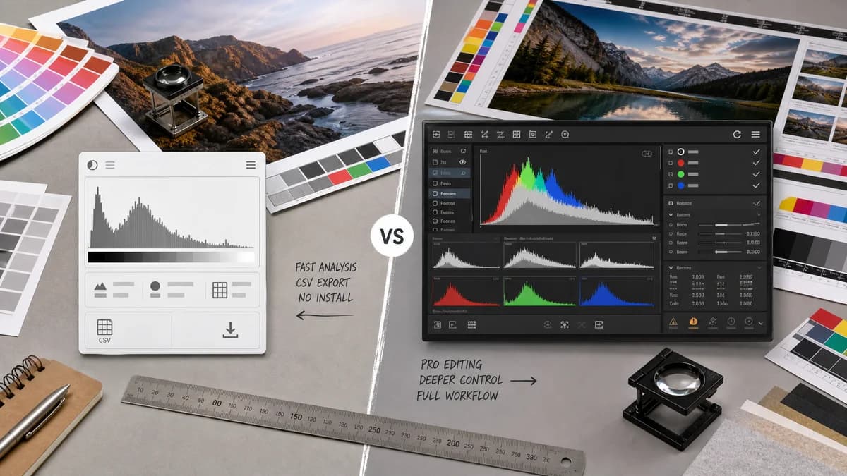 Image Histogram Generator + CSV vs Adobe Photoshop Histogram Panel visual comparison of image histogram generator + csv workflows