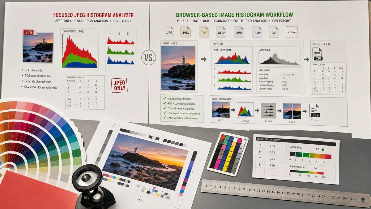 Workflow Histogram Image Histogram Generator + CSV vs CompressJPEG.dev JPEG Histogram Analyzer