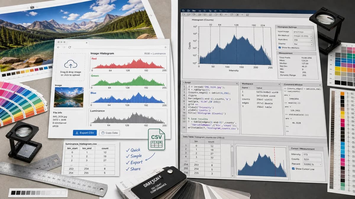 Image Histogram Generator + CSV vs MATLAB imhist visual comparison of image histogram generator + csv workflows