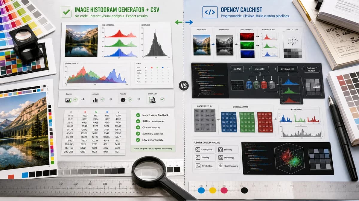 Image Histogram Generator + CSV vs OpenCV calcHist visual comparison of image histogram generator + csv workflows