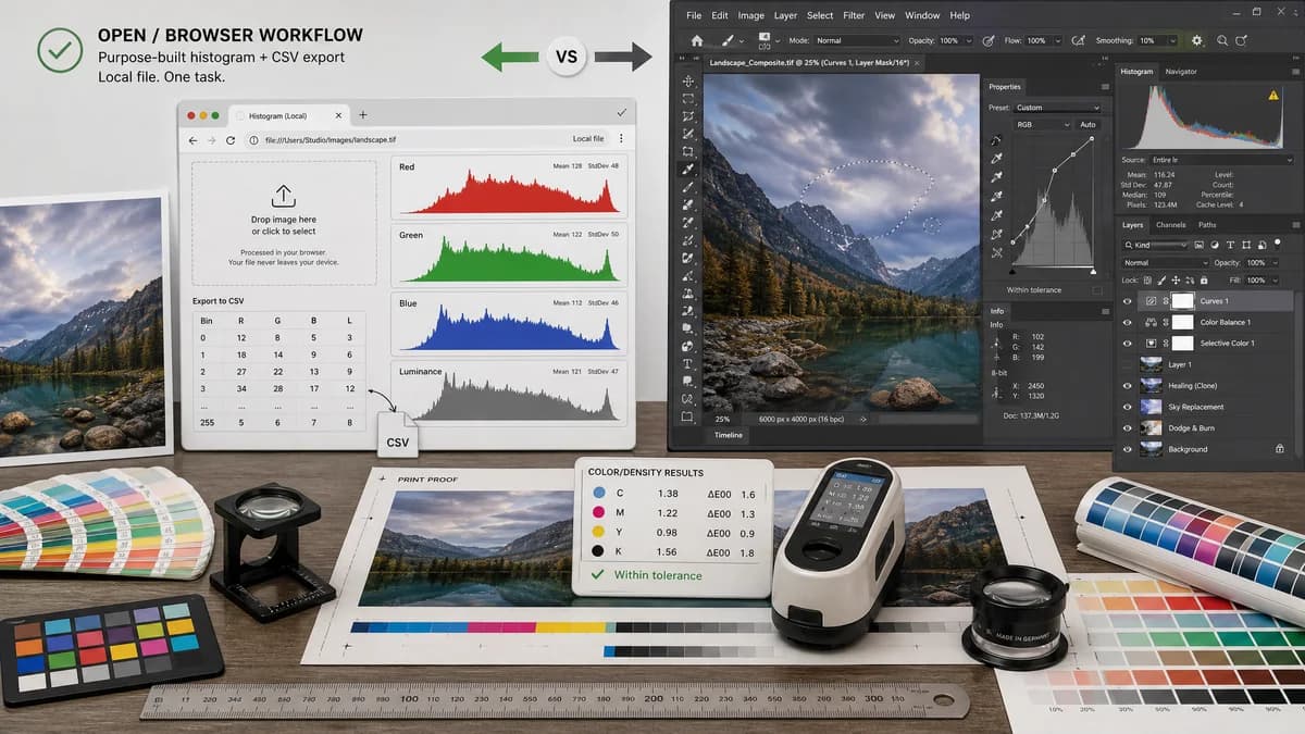 Open Source Alternatives to Adobe Photoshop visual comparison with Image Histogram Generator + CSV