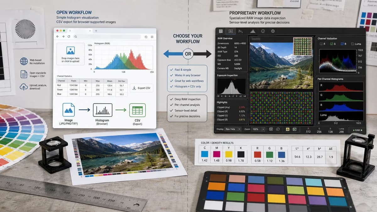 Open Source Alternatives to RawDigger visual comparison with Image Histogram Generator + CSV