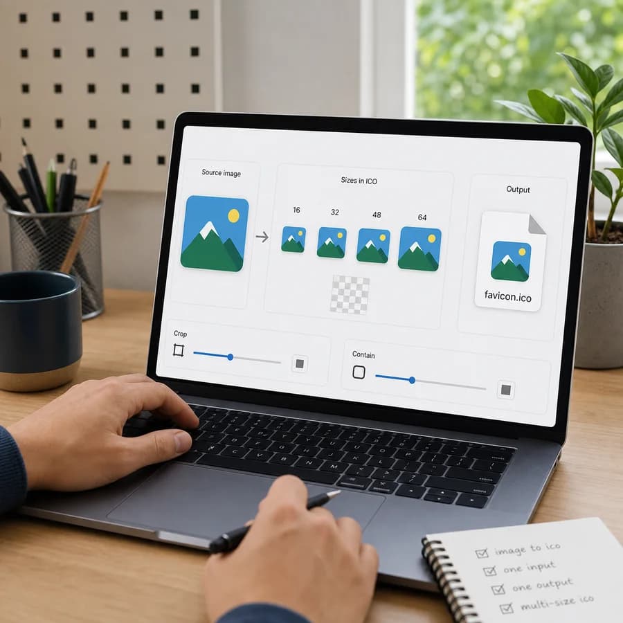 Image to ICO Converter preview showing one uploaded image turned into a multi-size ICO file