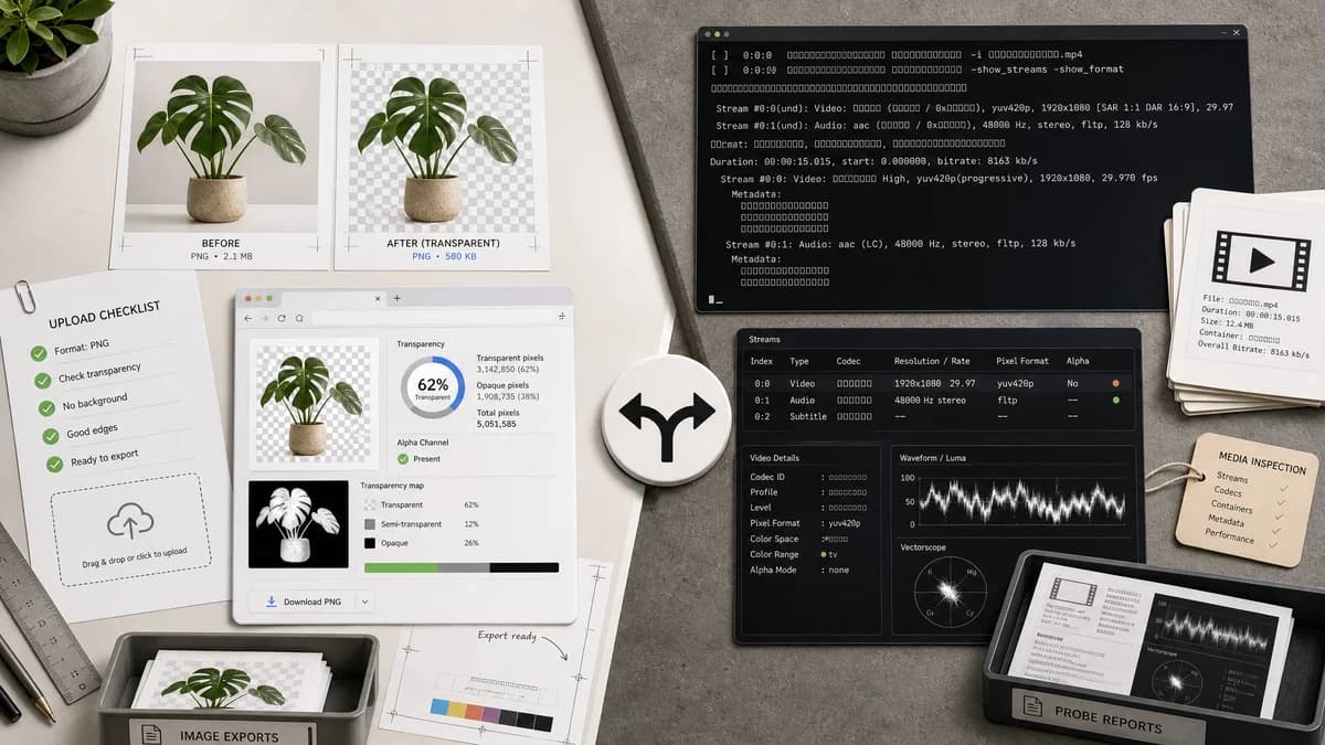 Image Transparency Checker vs FFprobe visual comparison of image optimization workflows