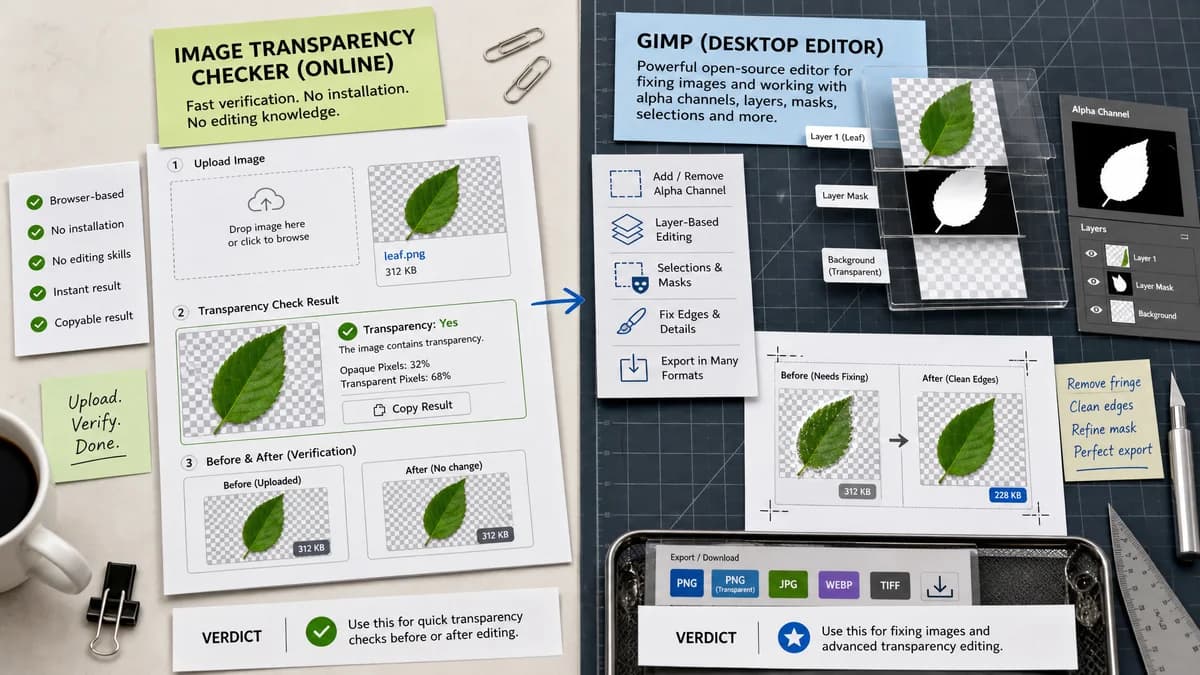 Image Transparency Checker vs GIMP visual comparison of image optimization workflows