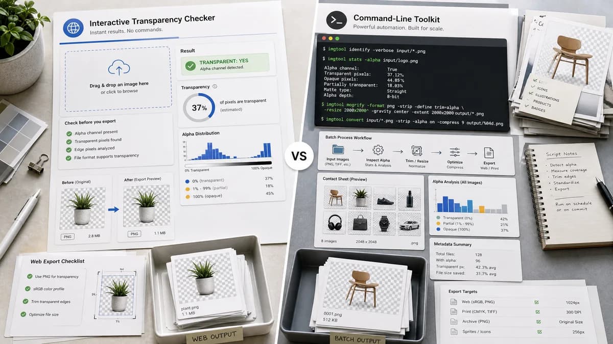Image Transparency Checker vs ImageMagick visual comparison of image optimization workflows