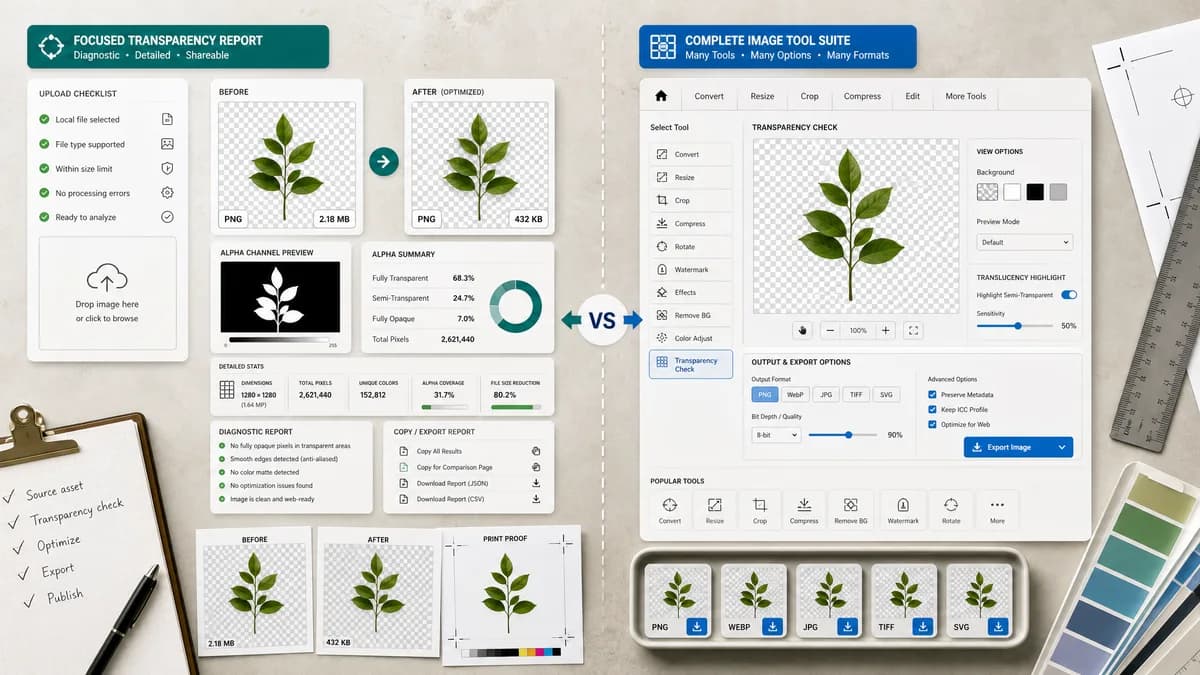 Image Transparency Checker vs OnlineTools.com Check Image Transparency visual comparison of image optimization workflows