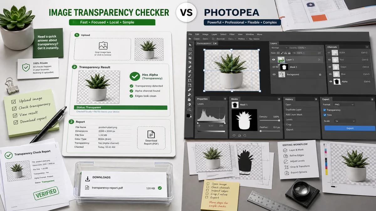 Image Transparency Checker vs Photopea visual comparison of image optimization workflows