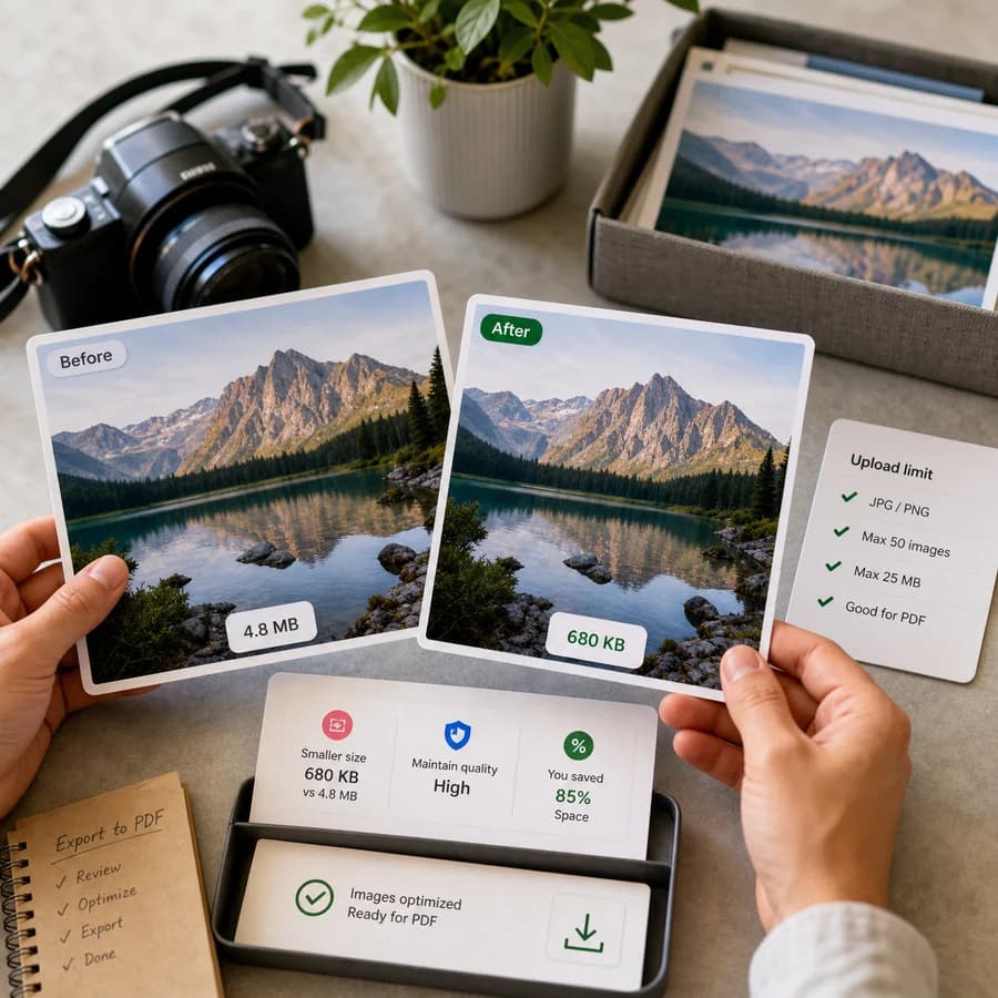 Images to PDF Converter preview showing image file size optimization with before and after export cues