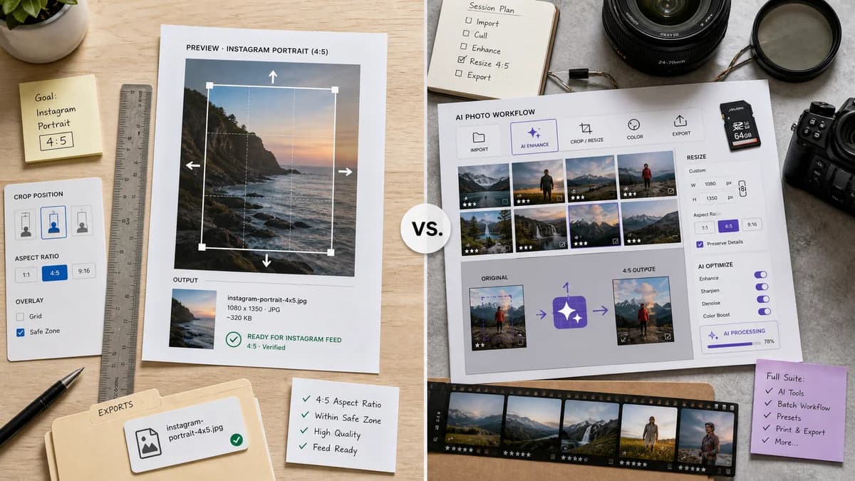 Instagram 4:5 Feed Crop Preview vs Imagen AI Resize for Instagram Portrait 4:5 visual comparison of instagram 4:5 feed crop preview workflows