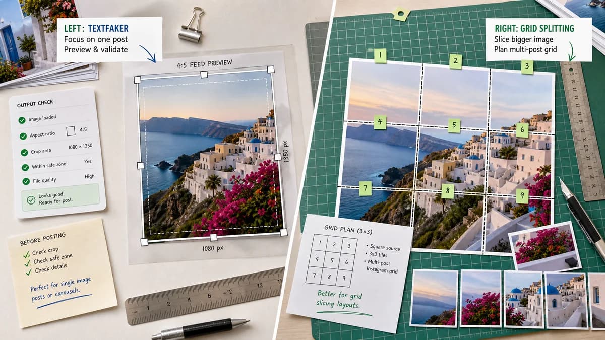 Instagram 4:5 Feed Crop Preview vs Postcron ImageSplitter visual comparison of instagram 4:5 feed crop preview workflows