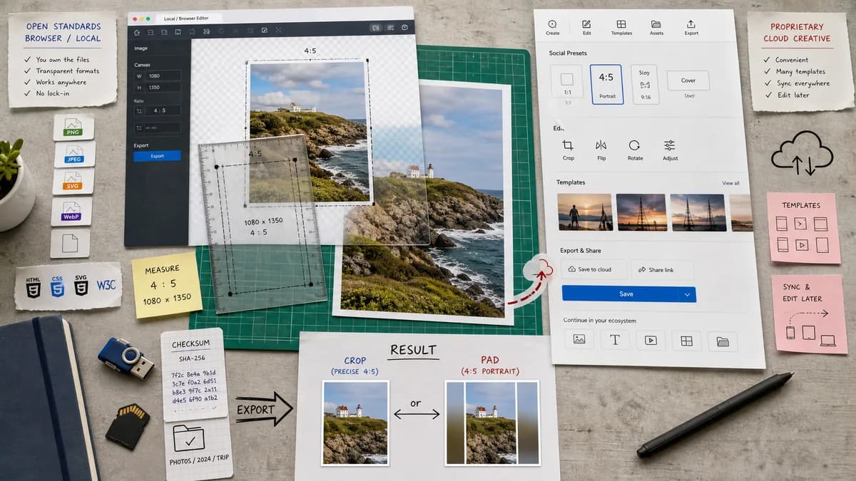 Open Source Alternatives to Adobe Express visual comparison with Instagram 4:5 Feed Crop Preview