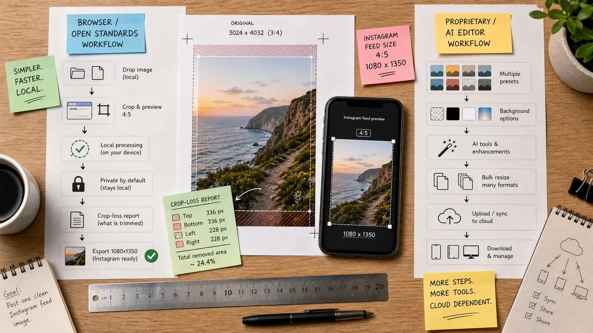 Open Source Alternatives to Picsart visual comparison with Instagram 4:5 Feed Crop Preview
