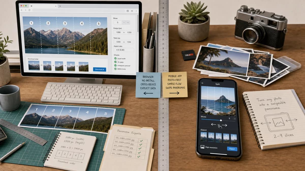 Instagram Carousel Panorama Splitter vs PanoraSplit visual comparison of instagram carousel panorama splitter workflows
