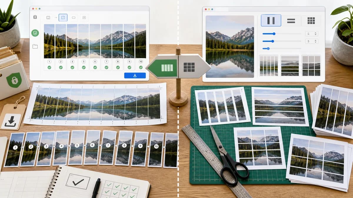 Instagram Carousel Panorama Splitter vs PineTools Split Image visual comparison of instagram carousel panorama splitter workflows