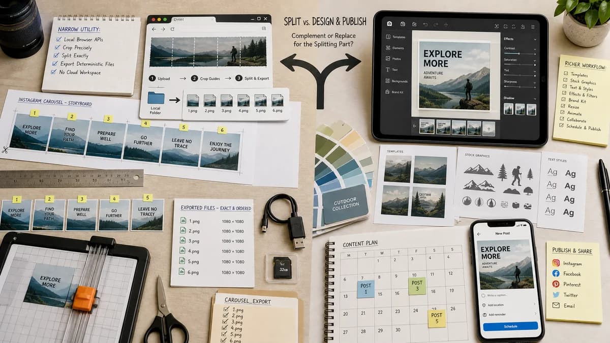 Open Source Alternatives to Adobe Express visual comparison with Instagram Carousel Panorama Splitter