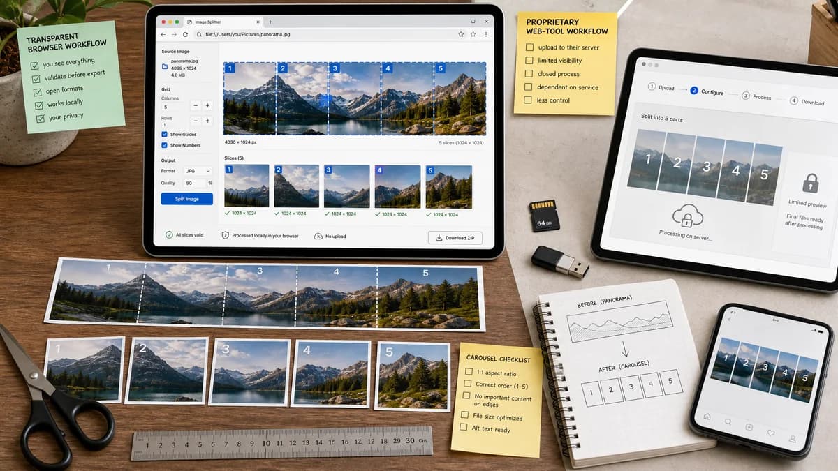 Open Source Alternatives to Postcron ImageSplitter visual comparison with Instagram Carousel Panorama Splitter