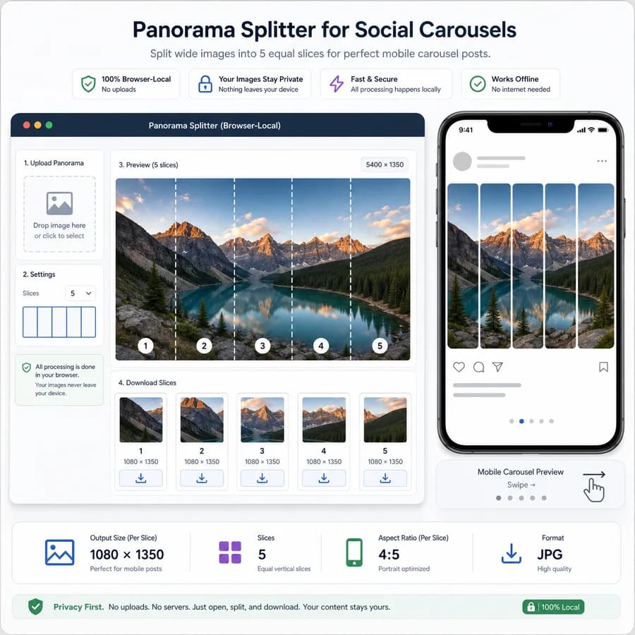 Instagram Carousel Panorama Splitter preview showing a wide photo divided into swipeable carousel slices