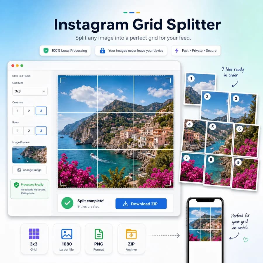 Instagram Grid Splitter preview showing one photo divided into social post tiles