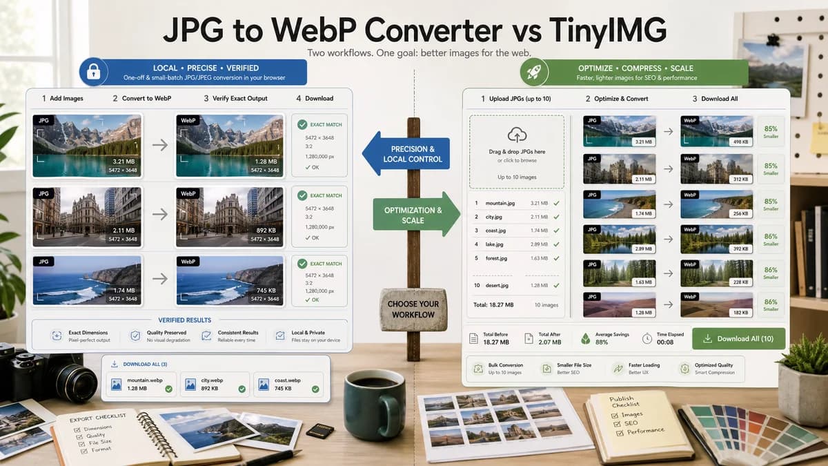 JPG to WebP Converter vs TinyIMG visual comparison of image optimization workflows