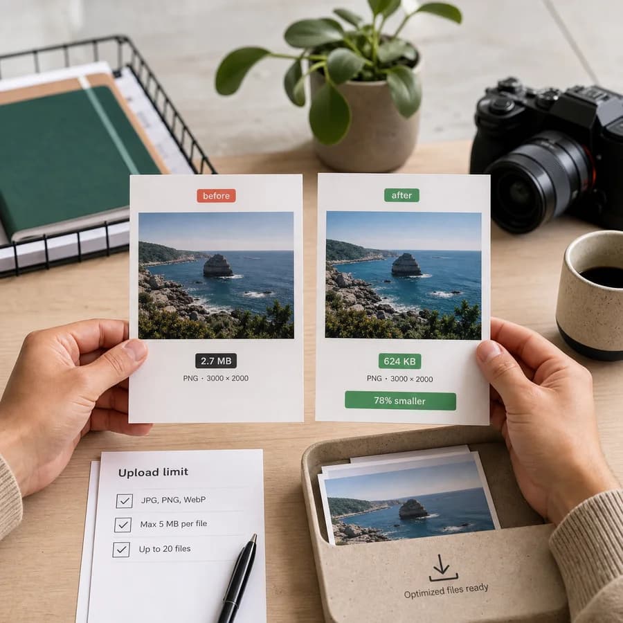 JSON Minifier preview showing image file size optimization with before and after export cues