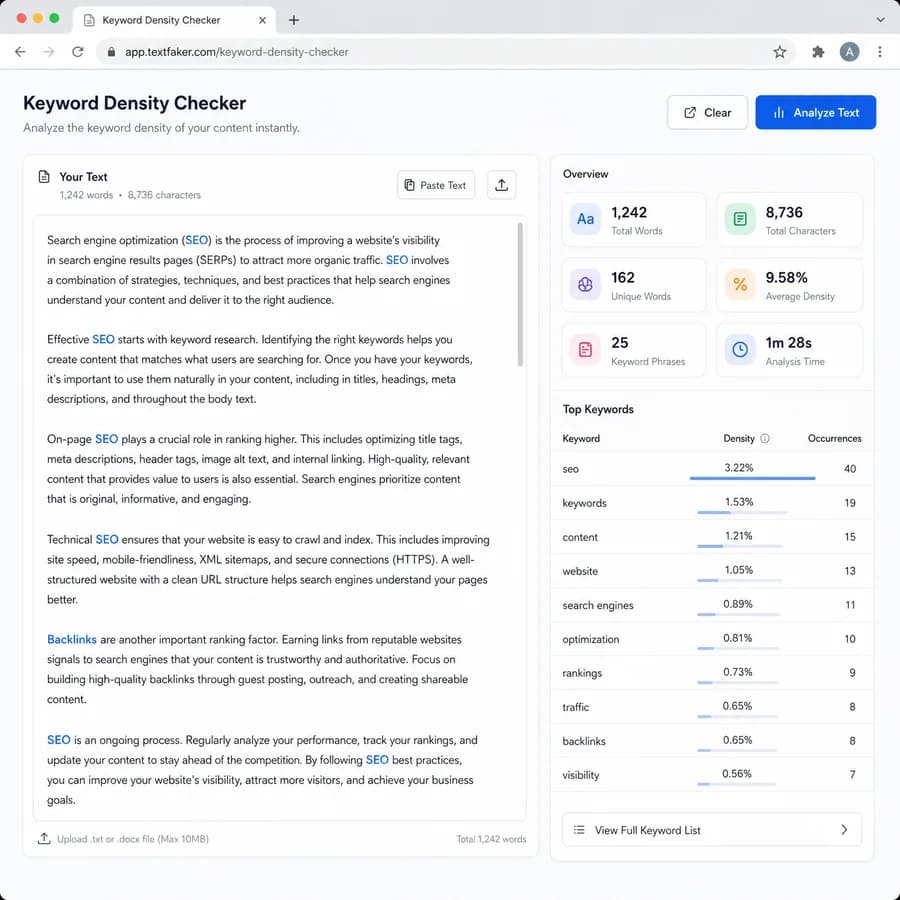 Keyword Density Checker browser interface preview with text metrics and result panels