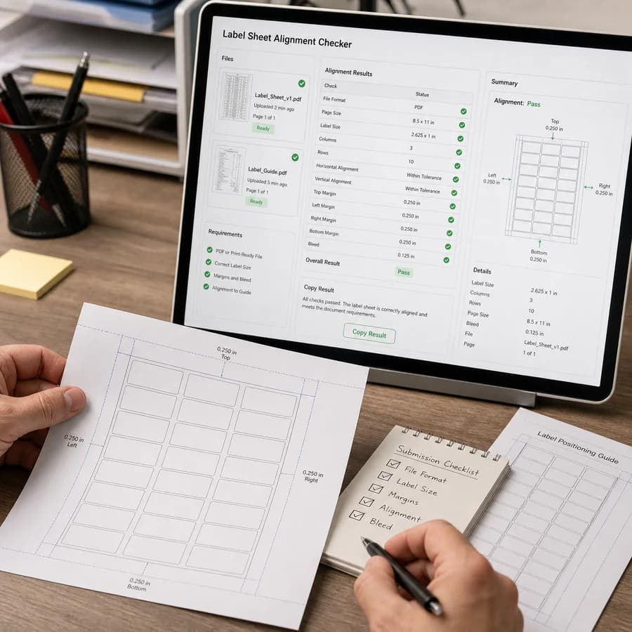 Label Sheet Alignment Checker preview showing a browser preflight checklist and source-backed verification results