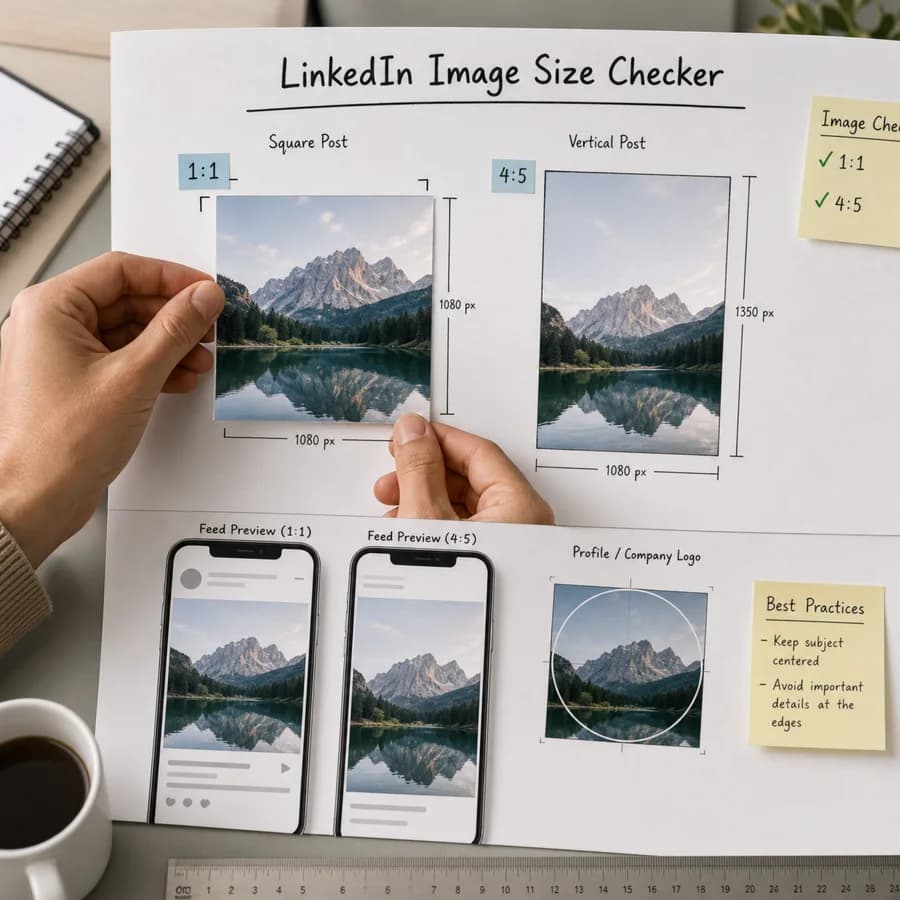 LinkedIn Image Size Checker preview showing social media image dimensions being checked against placement cards