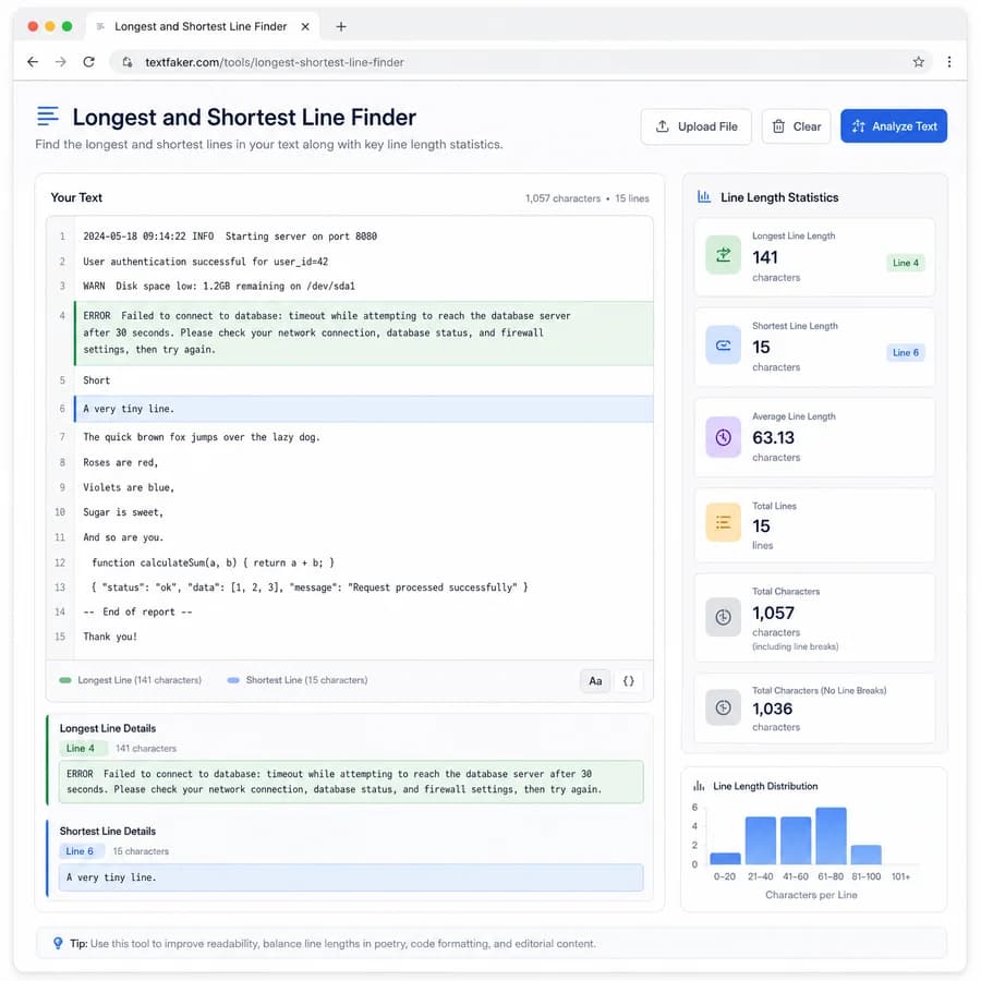 Longest and Shortest Line Finder browser interface preview with text metrics and result panels