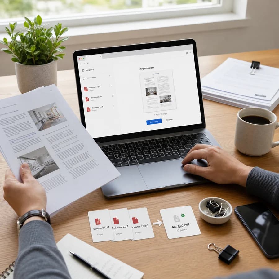 Merge PDF preview showing browser tool output being reviewed in a practical workflow
