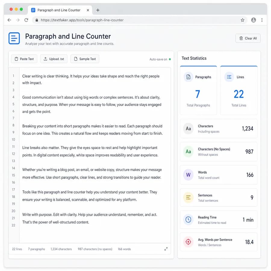 Paragraph and Line Counter browser interface preview with text metrics and result panels
