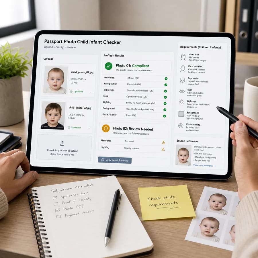 Passport Photo Child Infant Checker preview showing a browser preflight checklist and source-backed verification results