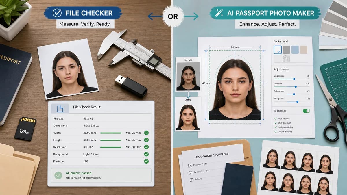 Passport Photo Size Checker vs Cutout.Pro Passport Photo Maker visual comparison of passport photo size checker workflows