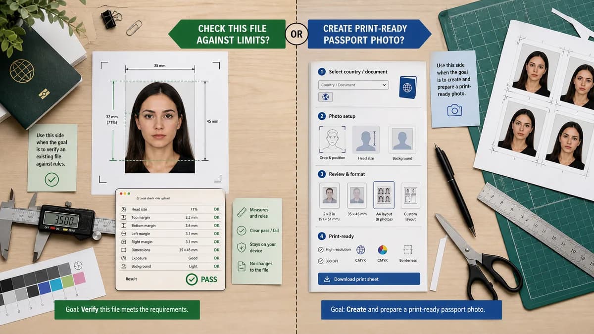 Passport Photo Size Checker vs MakePassportPhoto visual comparison of passport photo size checker workflows