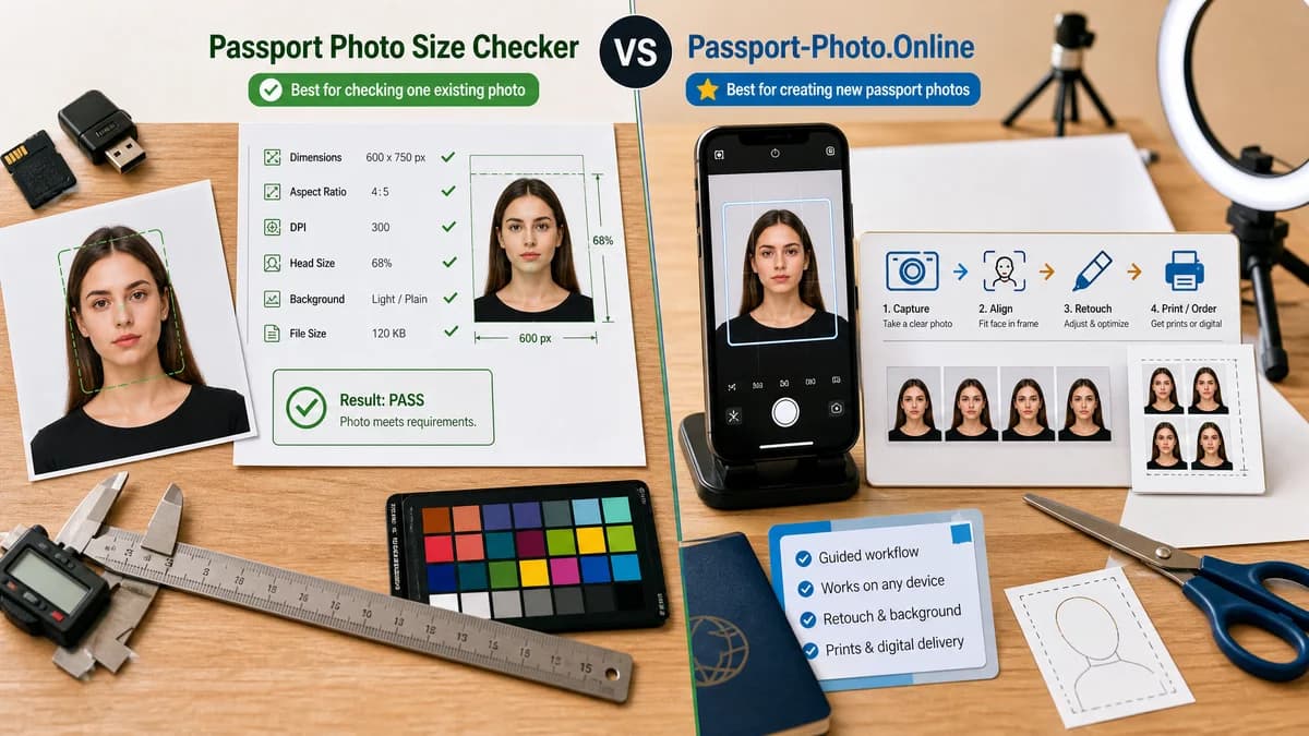 Passport Photo Size Checker vs Passport-Photo.Online visual comparison of passport photo size checker workflows
