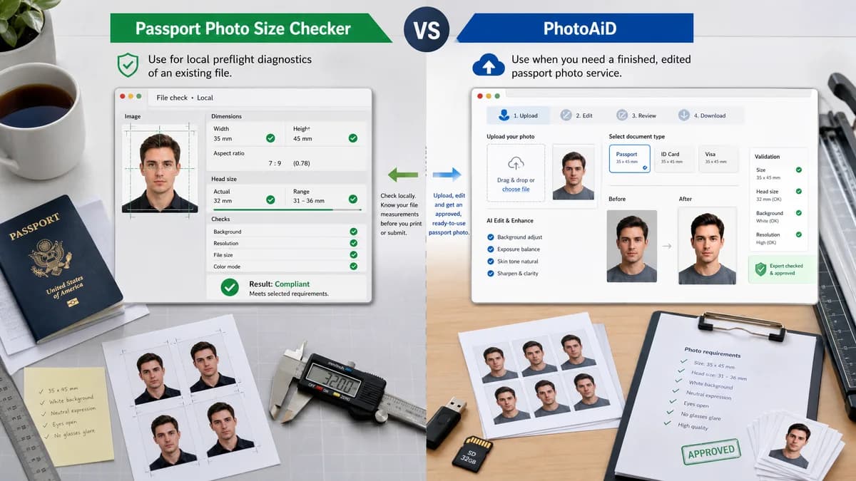 Passport Photo Size Checker vs PhotoAiD visual comparison of passport photo size checker workflows