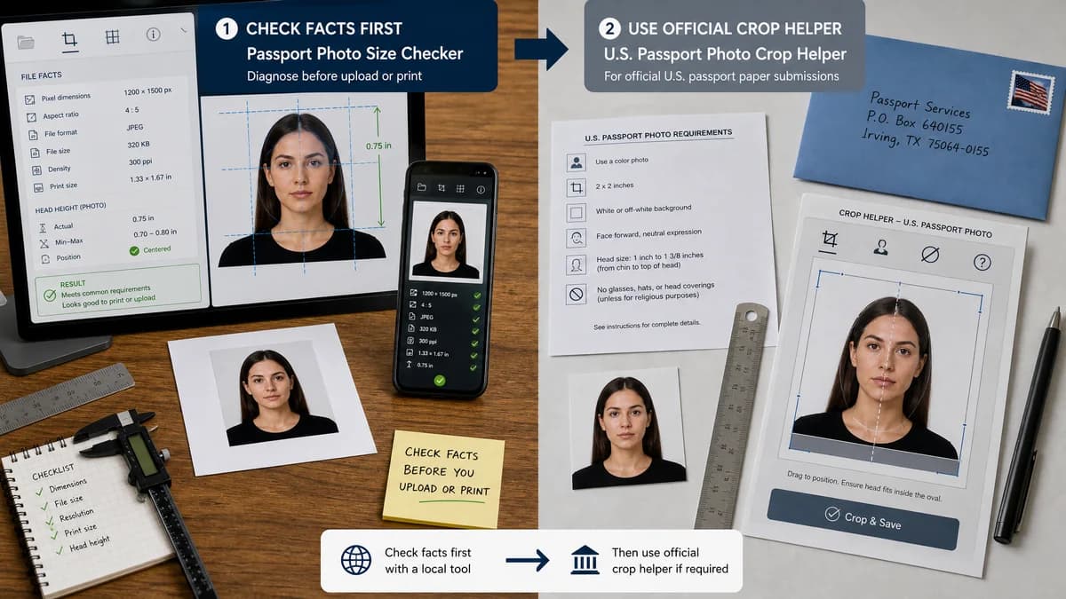 Passport Photo Size Checker vs U.S. Department of State Photo Tool visual comparison of passport photo size checker workflows