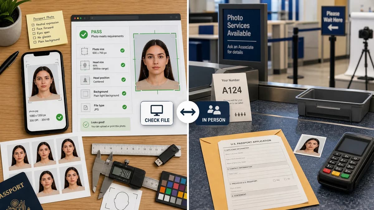 Passport Photo Size Checker vs USPS Passport Photo Services visual comparison of passport photo size checker workflows