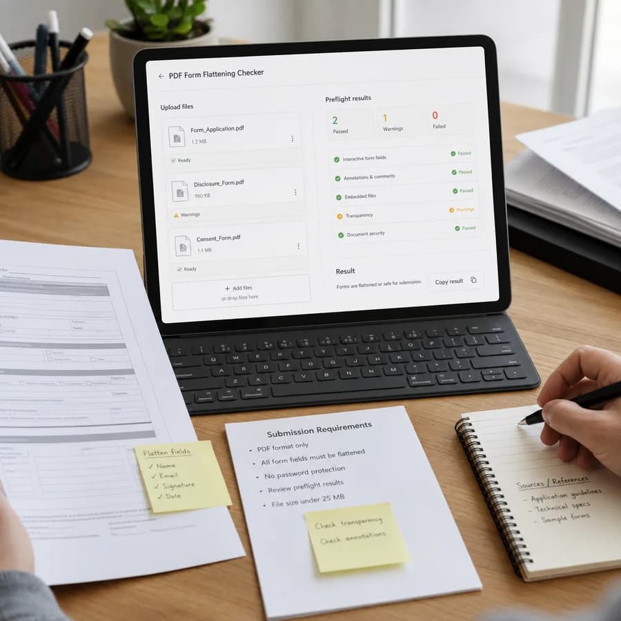 PDF Form Flattening Checker preview showing a browser preflight checklist and source-backed verification results