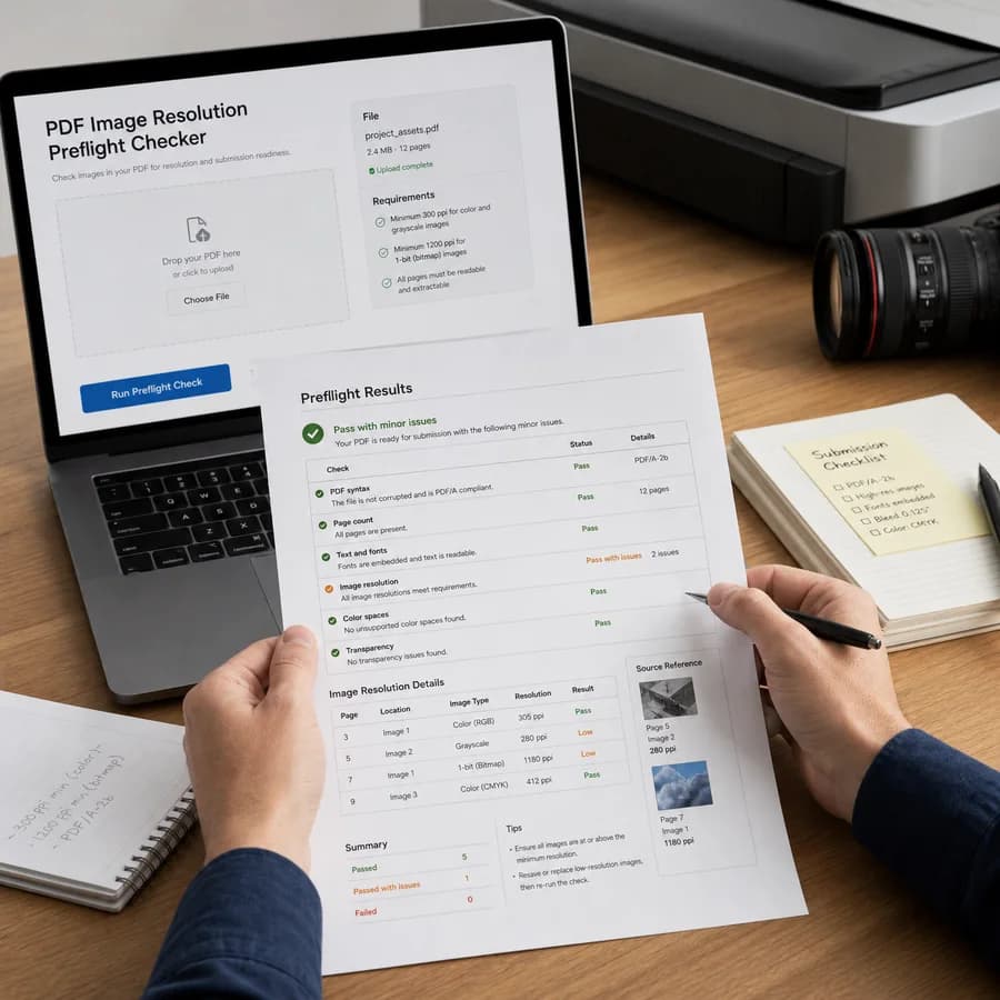 PDF Image Resolution Preflight Checker preview showing a browser preflight checklist and source-backed verification results
