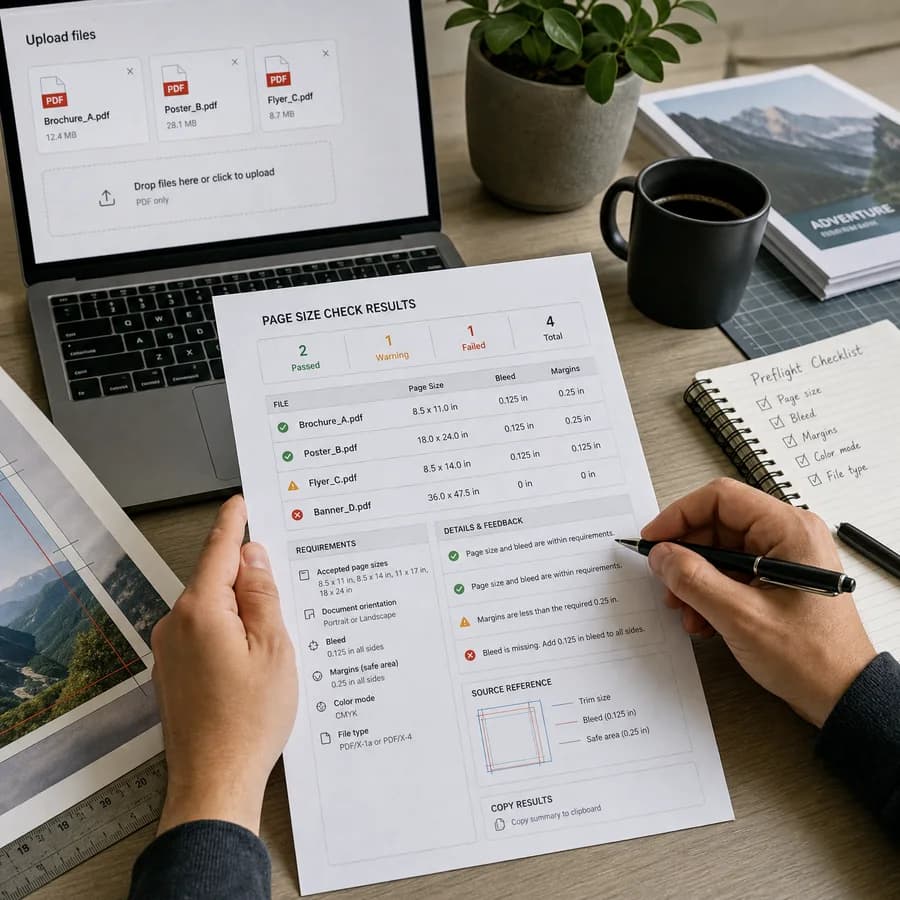 PDF Page Size Requirements Checker preview showing a browser preflight checklist and source-backed verification results